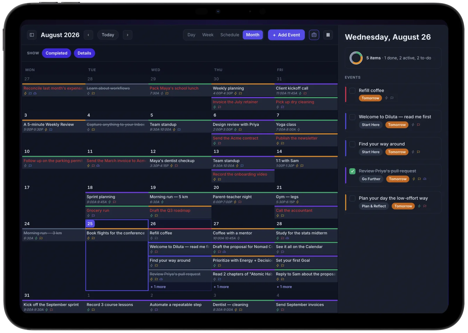 Diluta's month view on iPad with tasks and events together